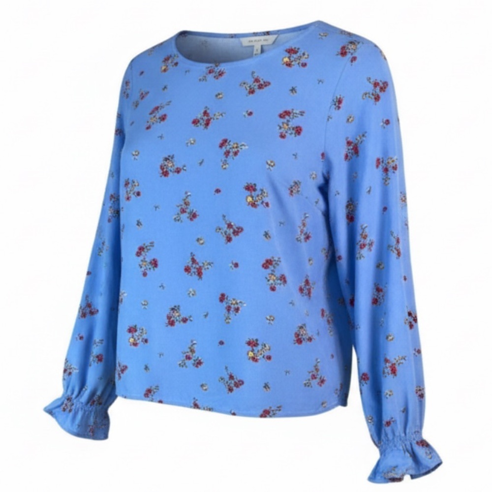 H&M Floral Patterned Viscose Button Back Blouse Corleone Blue Round Neck Size  2